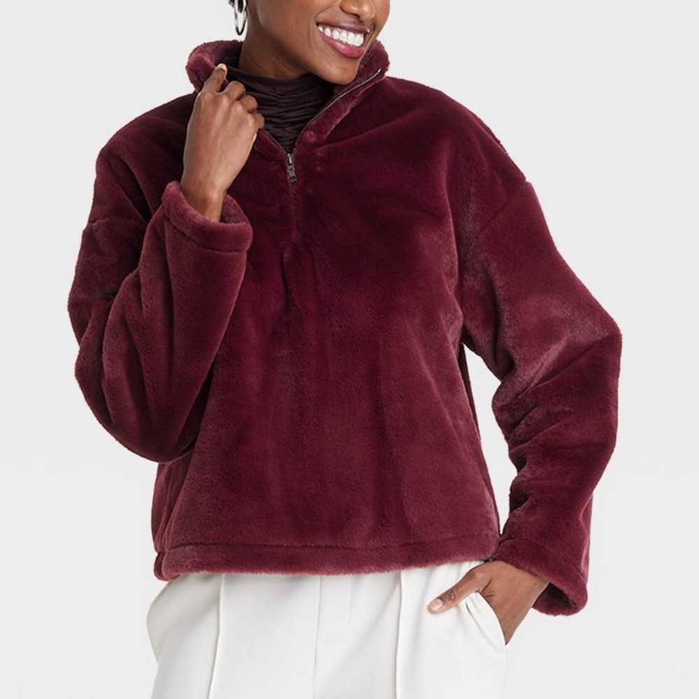 A New Day Women's Faux Fur Quarter Zip Sweatshirt - Picture 1 of 7